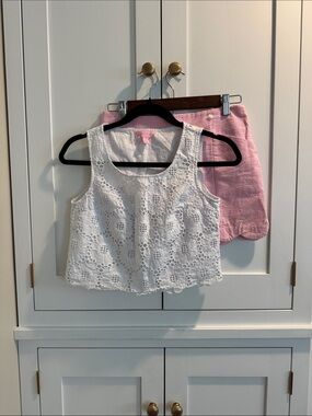Lilly Pulitzer White Lace Top With Pink Seersucker Skirt Set